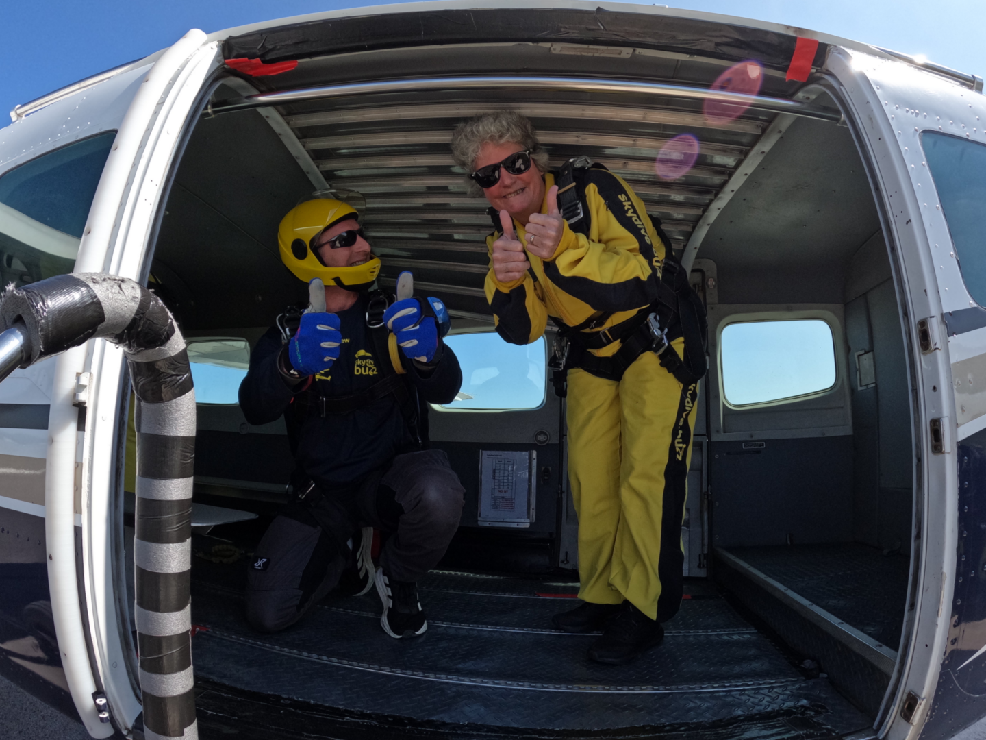 Aicia's Grandmother ready to jump out of a plane