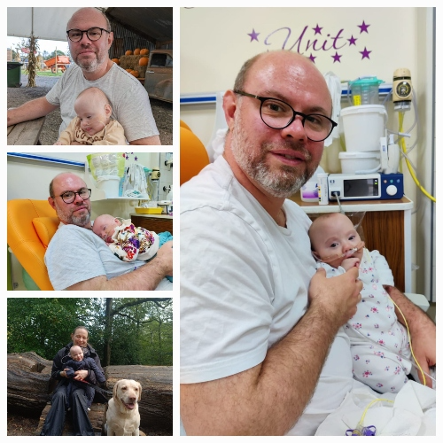 A collage of 4 images of a NICU Dad with his premature daughter.
