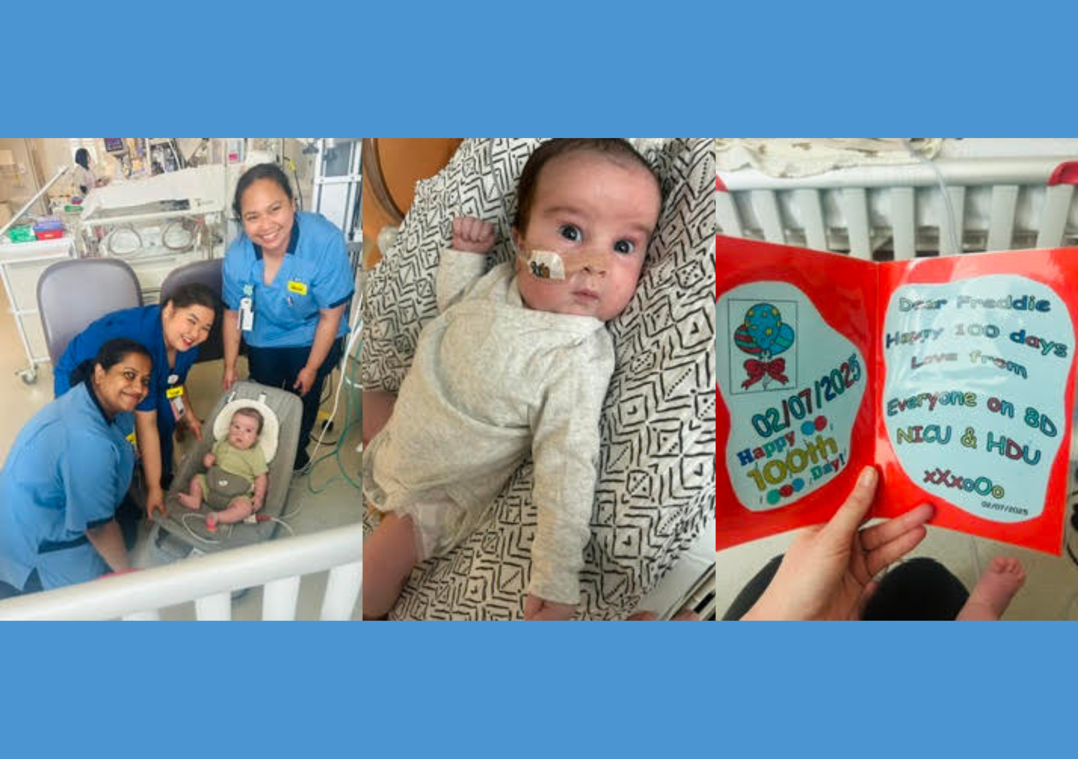 Collage of three images. Freddie with nurses, a close-up of Freddie on the neonatal unit and a NICU card for Freddie.