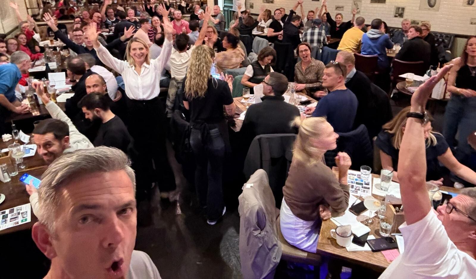 A group of people enjoying a night out at a pub quiz