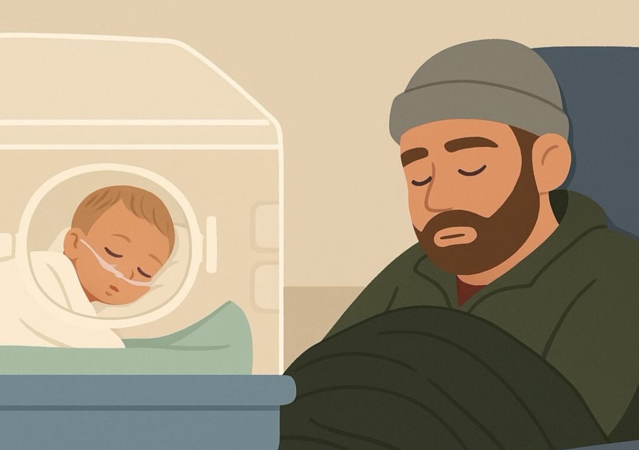 Other NICU dads graphic with a dad sleeping in a chair next to the incubator